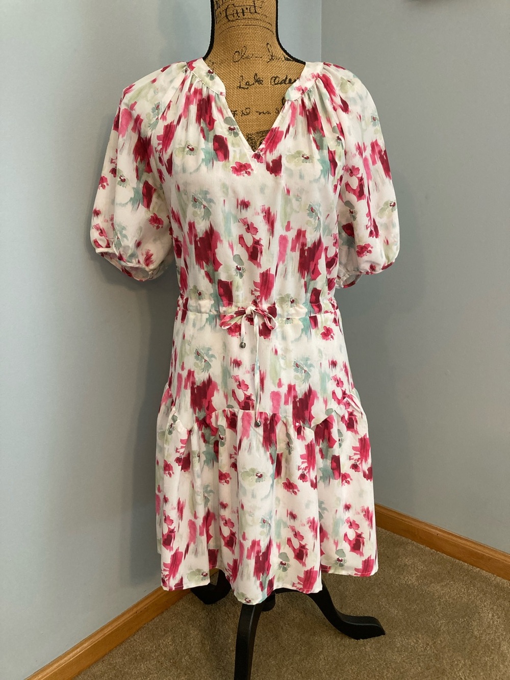 Entro  Cinch Waist Pink & Green Floral White Mini Dress Women Size L